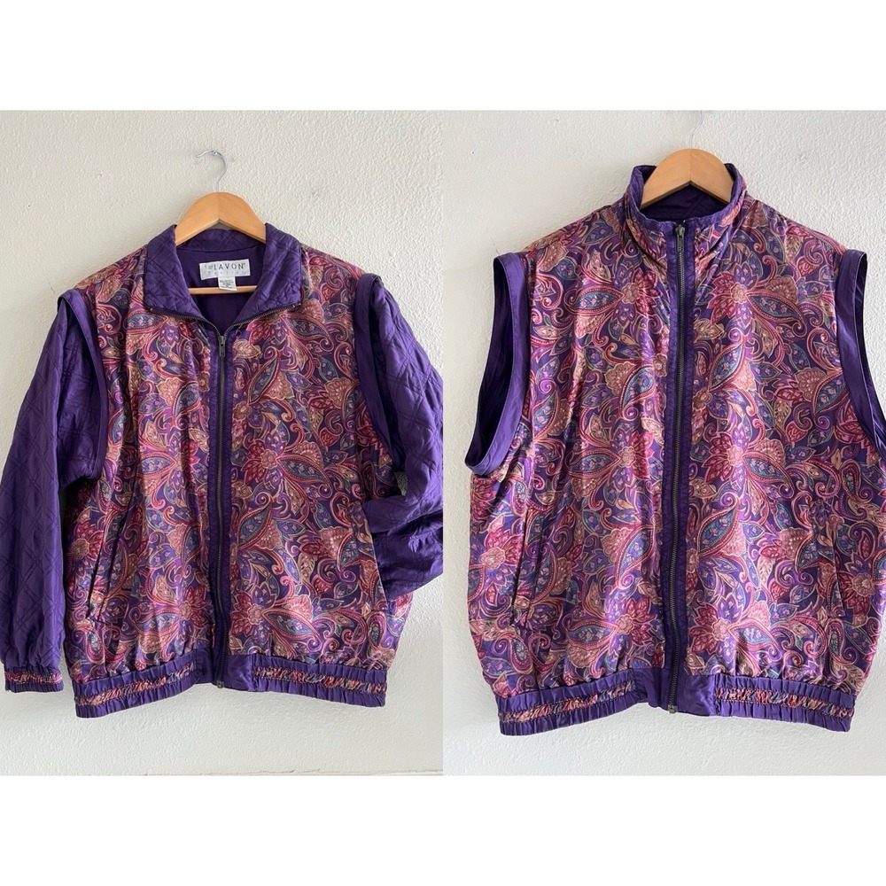 Lavon Petite Vintage Silk Paisley Purple Track Jacket Vest Size PL Retro 80's